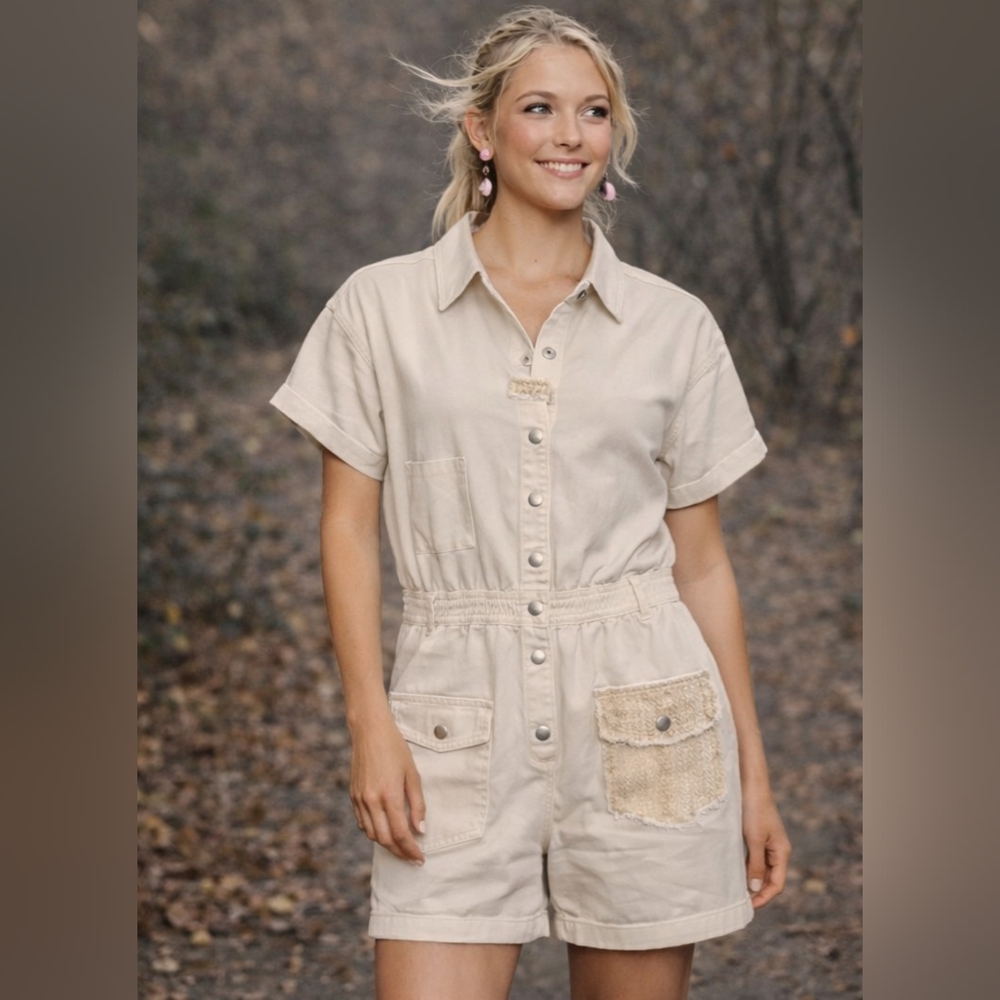 POL White Utility Romper With Beige Lace Pocket Short Sleeve Button Front Size S